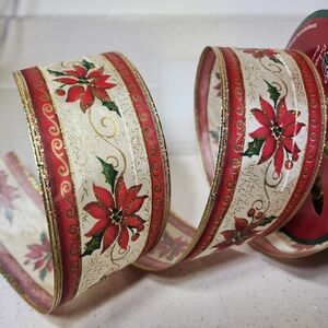 Vintage Wired Green, Red, and Gold Glitter Holiday Ribbon 55x2.5. New With Tags